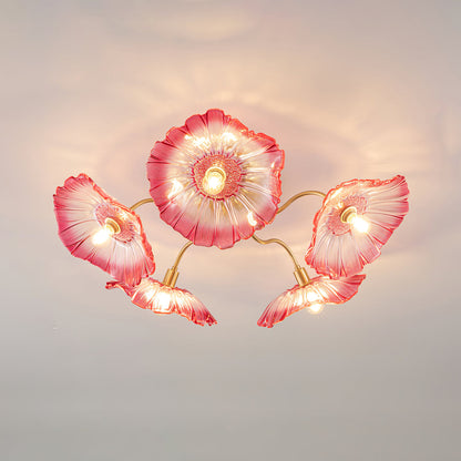 Glazen Plafondlamp met Bladmotief – 3, 5 of 6 Lichtpunten – Gouden Armatuur met Helder of Roze Matglas