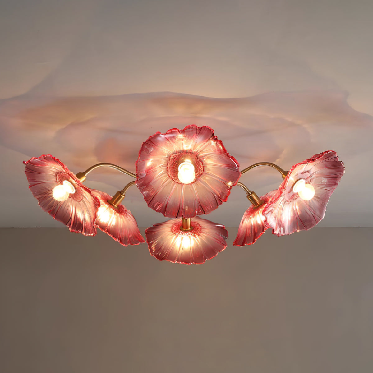 Glazen Plafondlamp met Bladmotief – 3, 5 of 6 Lichtpunten – Gouden Armatuur met Helder of Roze Matglas