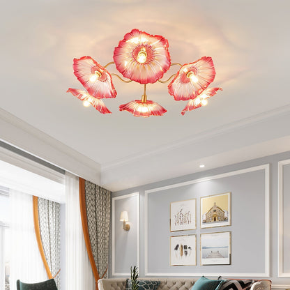 Glazen Plafondlamp met Bladmotief – 3, 5 of 6 Lichtpunten – Gouden Armatuur met Helder of Roze Matglas