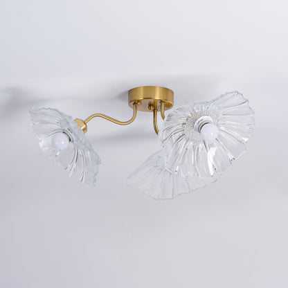 Glazen Plafondlamp met Bladmotief – 3, 5 of 6 Lichtpunten – Gouden Armatuur met Helder of Roze Matglas