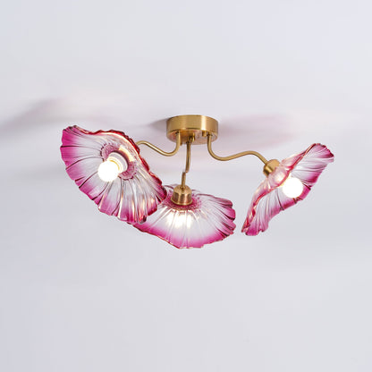 Glazen Plafondlamp met Bladmotief – 3, 5 of 6 Lichtpunten – Gouden Armatuur met Helder of Roze Matglas