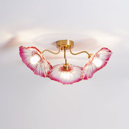 Glazen Plafondlamp met Bladmotief – 3, 5 of 6 Lichtpunten – Gouden Armatuur met Helder of Roze Matglas