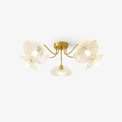 Glazen Plafondlamp met Bladmotief – 3, 5 of 6 Lichtpunten – Gouden Armatuur met Helder of Roze Matglas