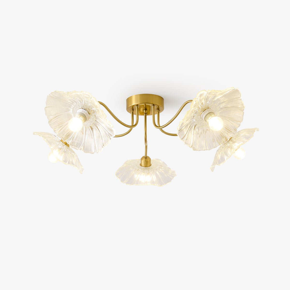Glazen Plafondlamp met Bladmotief – 3, 5 of 6 Lichtpunten – Gouden Armatuur met Helder of Roze Matglas