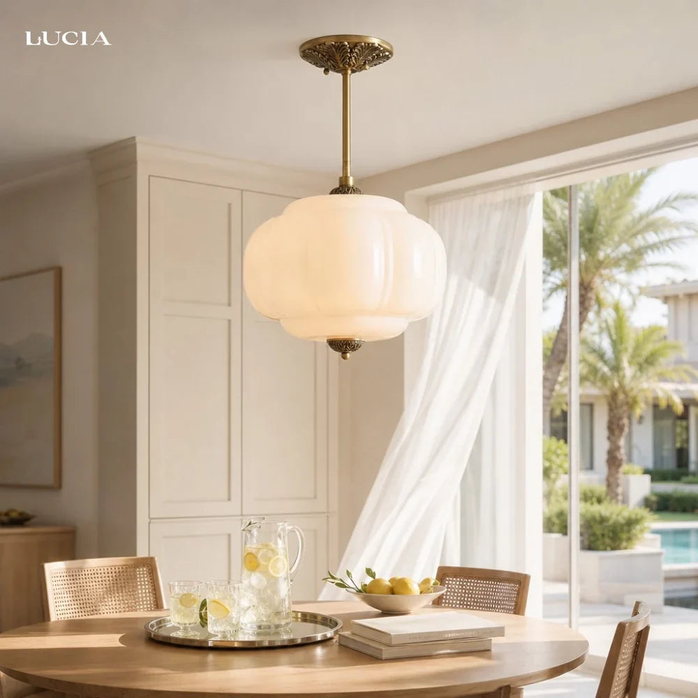 Antique Brass Plafondlamp met Groen Glas Pompoendesign - Elegante Hanglamp voor Eetkamer Keukeneiland Slaapkamer