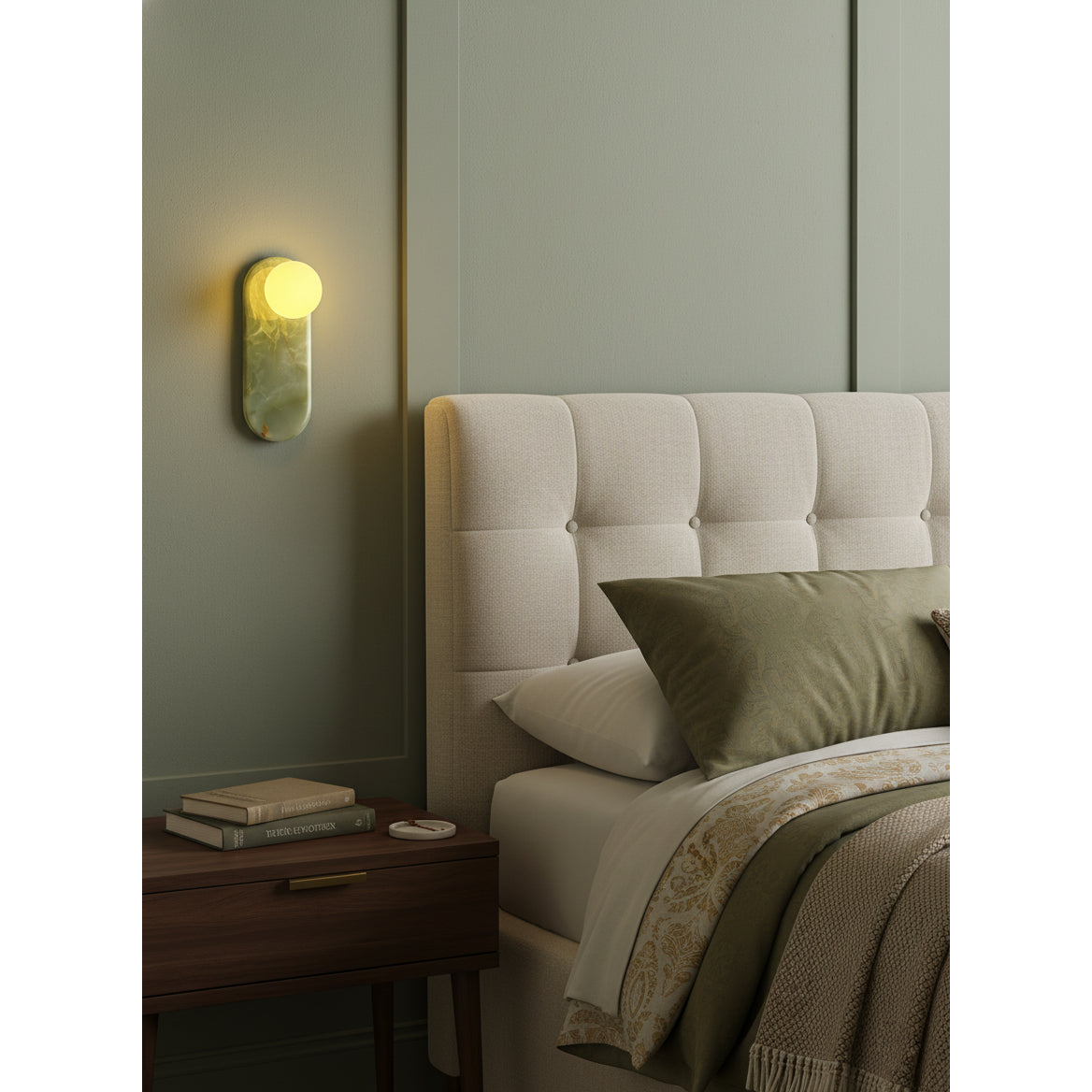 Luxe Wandlamp van Jade of Marmer met Glazen Kap – Mid Century Design Verlichting voor Slaapkamer en Hal
