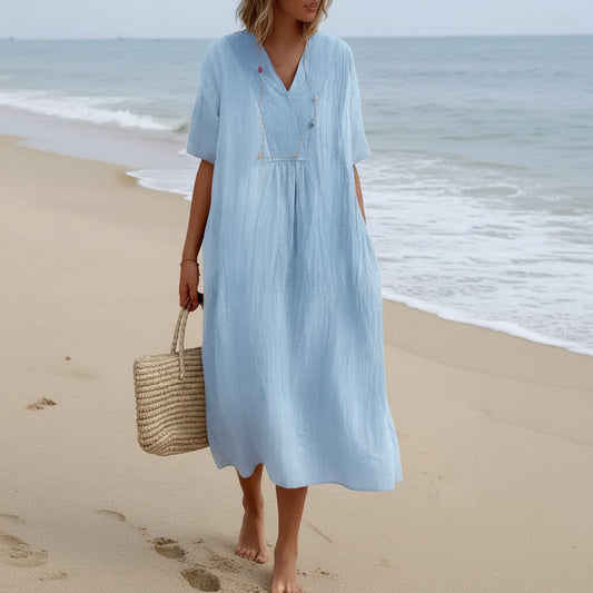 Zomerjurk voor Dames Luchtig A-Lijn Model V-hals Comfortabel Casual Vakantie Strandjurk Met Zakken