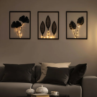 Verlichte LED-Fotolijsten met Kunstplant (3 Stuks) Stemmingsverlichting Zwart Metaal