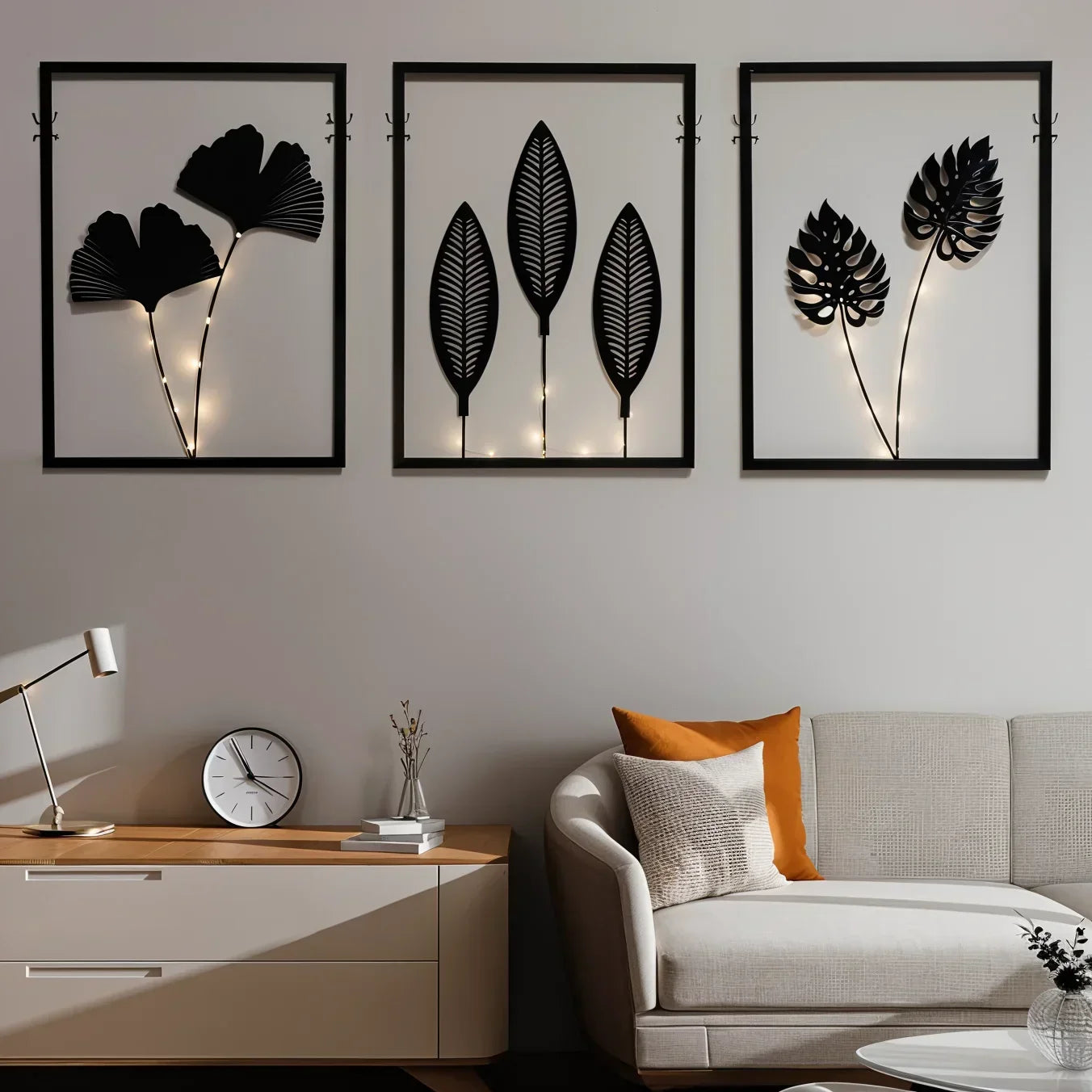 Verlichte LED-Fotolijsten met Kunstplant (3 Stuks) Stemmingsverlichting Zwart Metaal