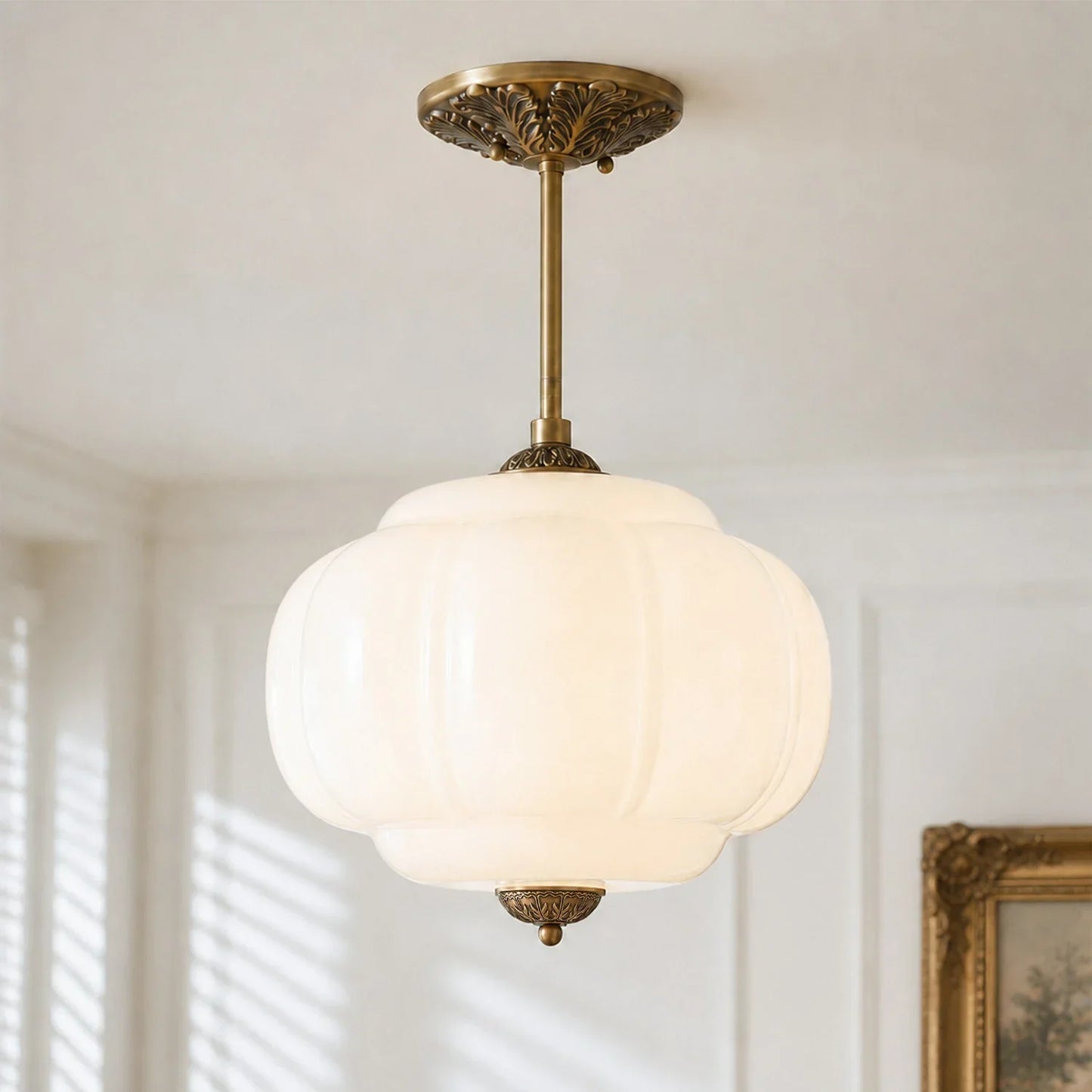 Antique Brass Plafondlamp met Groen Glas Pompoendesign - Elegante Hanglamp voor Eetkamer Keukeneiland Slaapkamer
