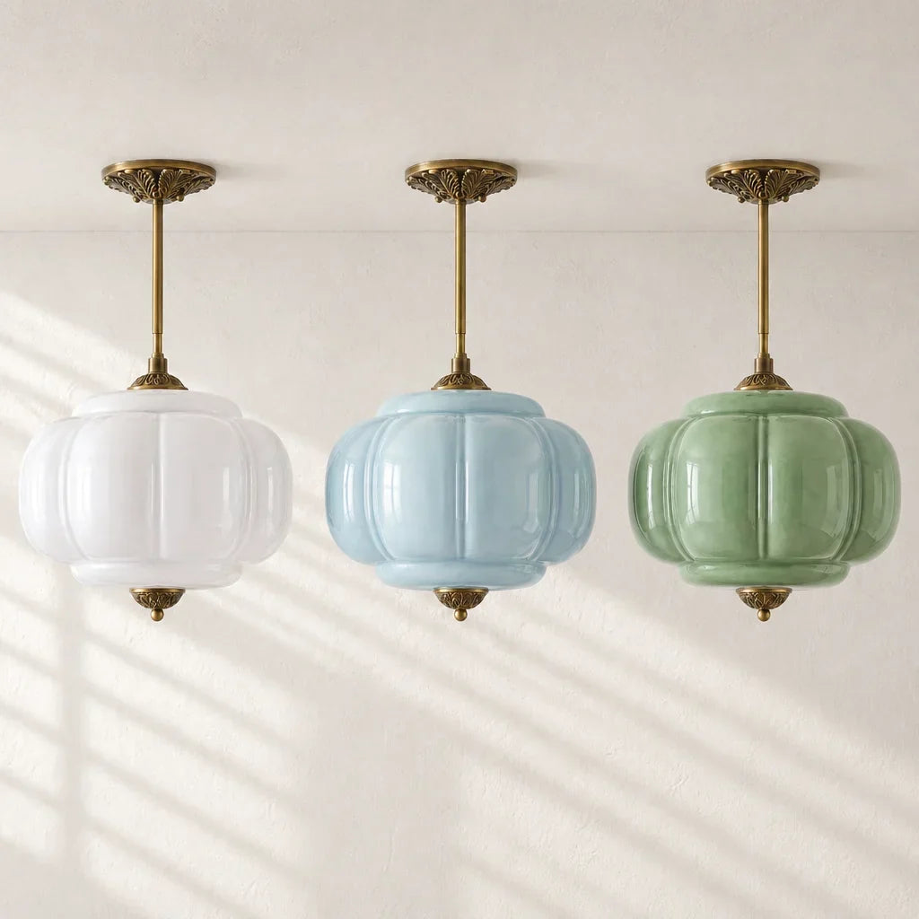Antique Brass Plafondlamp met Groen Glas Pompoendesign - Elegante Hanglamp voor Eetkamer Keukeneiland Slaapkamer