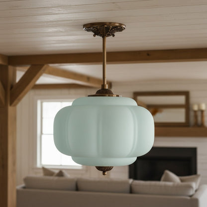 Antique Brass Plafondlamp met Groen Glas Pompoendesign - Elegante Hanglamp voor Eetkamer Keukeneiland Slaapkamer