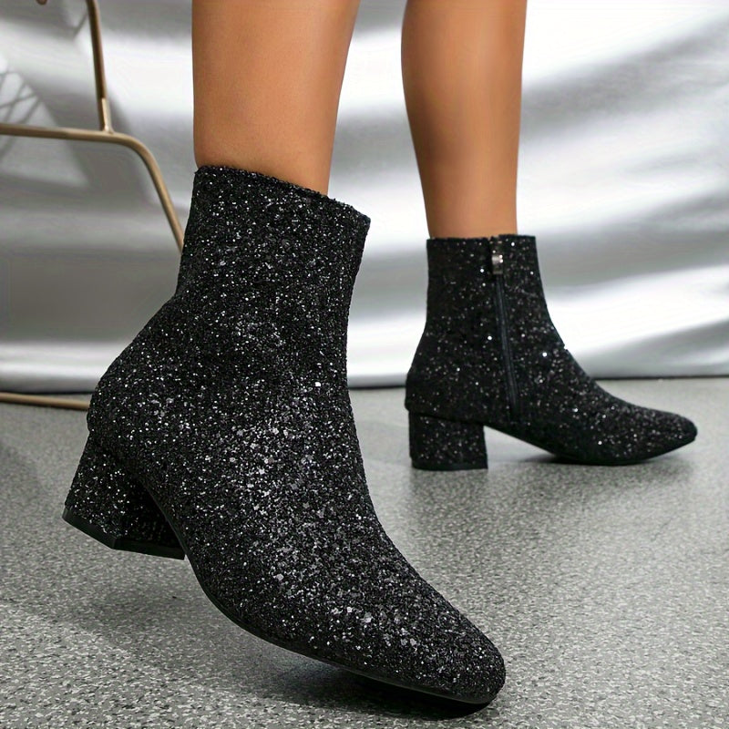 Luna Dames Enkellaarsjes | Zilveren Glitter, Blokhak 5 cm 6