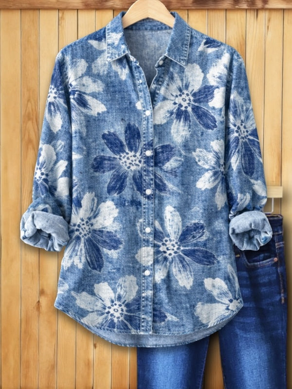 Luna | Casual Relaxed Fit Denim Overhemd met Bloemenprint 0