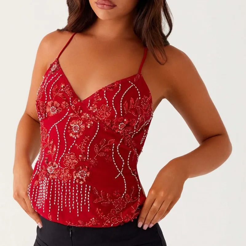 Vrouwelijke Cami Top met Bloemmotief en Pailletten