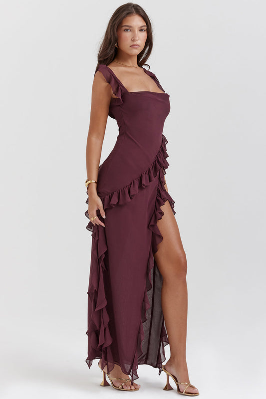 Elegante Avondjurk Lange Prugna Kleur met Hoge Split - StudioMarella