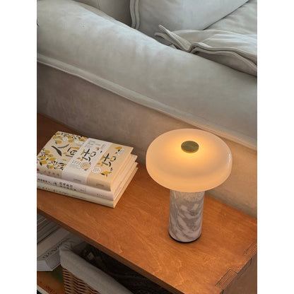 Marmeren Tafellamp met Oplaadbare Batterij – Opaline Glazen Bol & Espresso Marmeren Voet – Touch Dimbaar