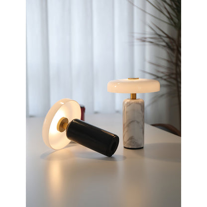Marmeren Tafellamp met Oplaadbare Batterij – Opaline Glazen Bol & Espresso Marmeren Voet – Touch Dimbaar