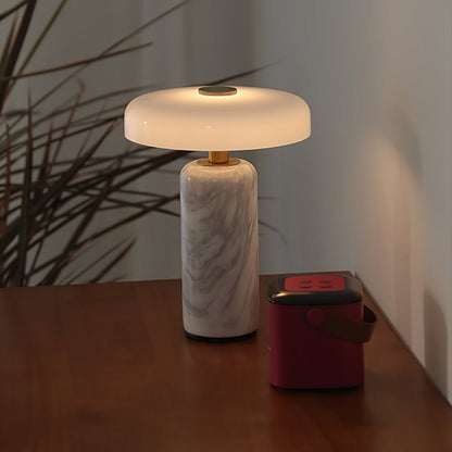 Marmeren Tafellamp met Oplaadbare Batterij – Opaline Glazen Bol & Espresso Marmeren Voet – Touch Dimbaar