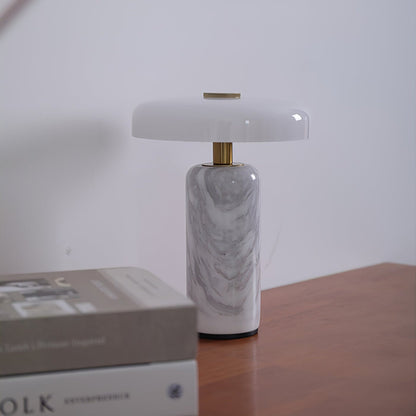 Marmeren Tafellamp met Oplaadbare Batterij – Opaline Glazen Bol & Espresso Marmeren Voet – Touch Dimbaar