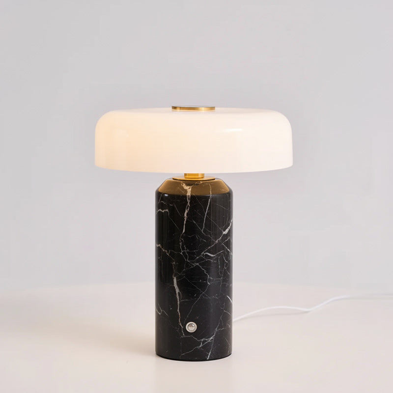 Marmeren Tafellamp met Oplaadbare Batterij – Opaline Glazen Bol & Espresso Marmeren Voet – Touch Dimbaar