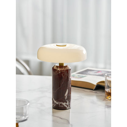 Marmeren Tafellamp met Oplaadbare Batterij – Opaline Glazen Bol & Espresso Marmeren Voet – Touch Dimbaar