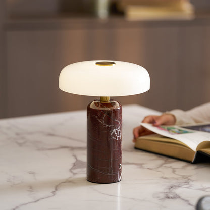 Marmeren Tafellamp met Oplaadbare Batterij – Opaline Glazen Bol & Espresso Marmeren Voet – Touch Dimbaar