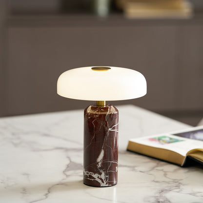 Marmeren Tafellamp met Oplaadbare Batterij – Opaline Glazen Bol & Espresso Marmeren Voet – Touch Dimbaar