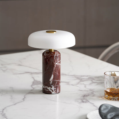 Marmeren Tafellamp met Oplaadbare Batterij – Opaline Glazen Bol & Espresso Marmeren Voet – Touch Dimbaar