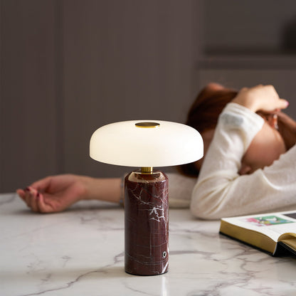 Marmeren Tafellamp met Oplaadbare Batterij – Opaline Glazen Bol & Espresso Marmeren Voet – Touch Dimbaar