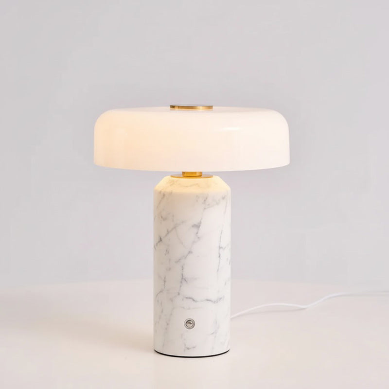 Marmeren Tafellamp met Oplaadbare Batterij – Opaline Glazen Bol & Espresso Marmeren Voet – Touch Dimbaar
