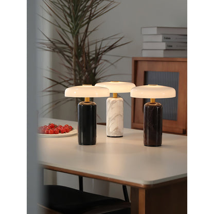 Marmeren Tafellamp met Oplaadbare Batterij – Opaline Glazen Bol & Espresso Marmeren Voet – Touch Dimbaar