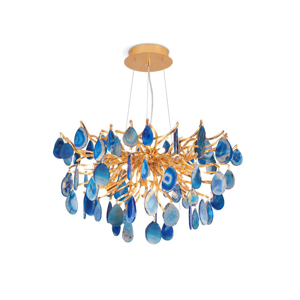 Natuursteen Agaat Kroonluchter met Vergulde Metalen Behuizing - Handgeslepen Schijven Warm Goudkleurige Afwerking 8 of 9 Lichtpunten Luxe Plafondverlichting Exclusief Statement-Piece