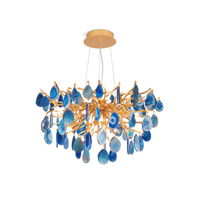 Natuursteen Agaat Kroonluchter met Vergulde Metalen Behuizing - Handgeslepen Schijven Warm Goudkleurige Afwerking 8 of 9 Lichtpunten Luxe Plafondverlichting Exclusief Statement-Piece