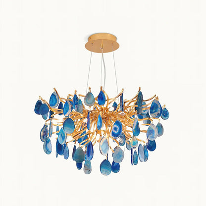 Natuursteen Agaat Kroonluchter met Vergulde Metalen Behuizing - Handgeslepen Schijven Warm Goudkleurige Afwerking 8 of 9 Lichtpunten Luxe Plafondverlichting Exclusief Statement-Piece
