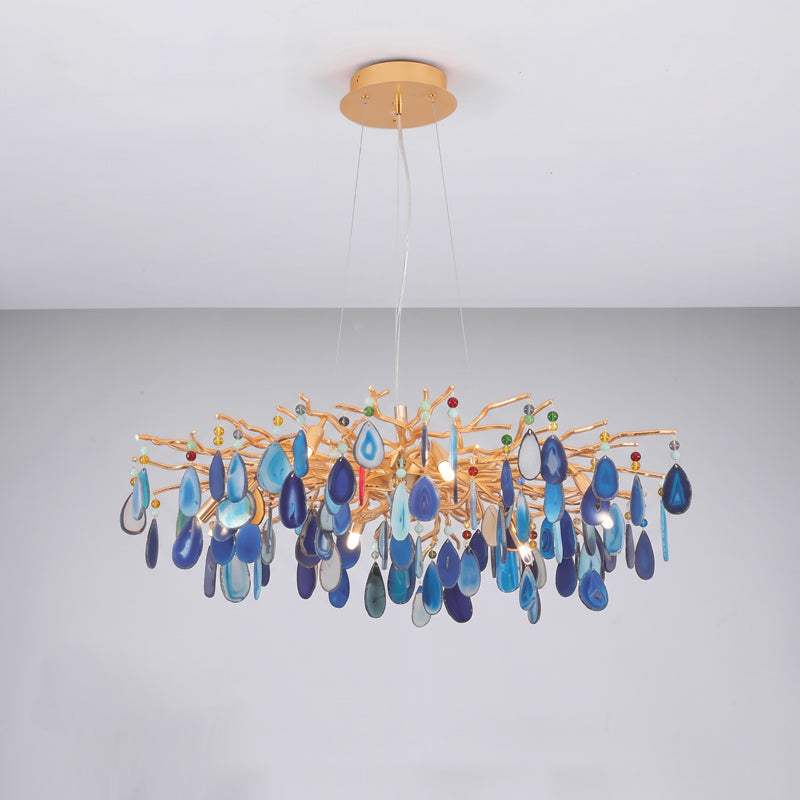 Natuursteen Agaat Kroonluchter met Vergulde Metalen Behuizing - Handgeslepen Schijven Warm Goudkleurige Afwerking 8 of 9 Lichtpunten Luxe Plafondverlichting Exclusief Statement-Piece