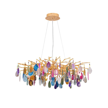 Natuursteen Agaat Kroonluchter met Vergulde Metalen Behuizing - Handgeslepen Schijven Warm Goudkleurige Afwerking 8 of 9 Lichtpunten Luxe Plafondverlichting Exclusief Statement-Piece
