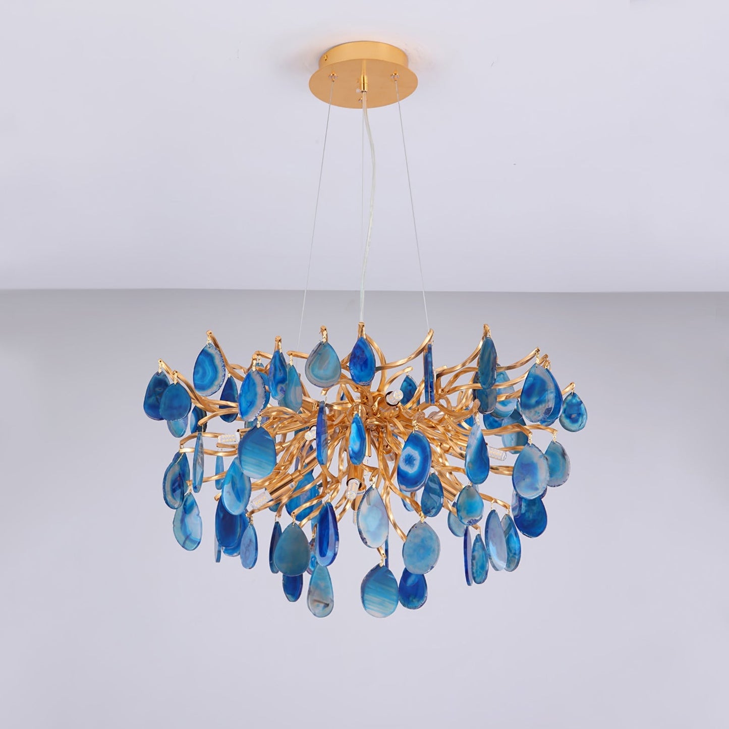 Natuursteen Agaat Kroonluchter met Vergulde Metalen Behuizing - Handgeslepen Schijven Warm Goudkleurige Afwerking 8 of 9 Lichtpunten Luxe Plafondverlichting Exclusief Statement-Piece