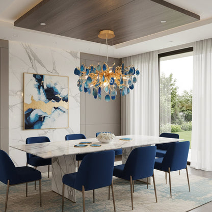 Natuursteen Agaat Kroonluchter met Vergulde Metalen Behuizing - Handgeslepen Schijven Warm Goudkleurige Afwerking 8 of 9 Lichtpunten Luxe Plafondverlichting Exclusief Statement-Piece