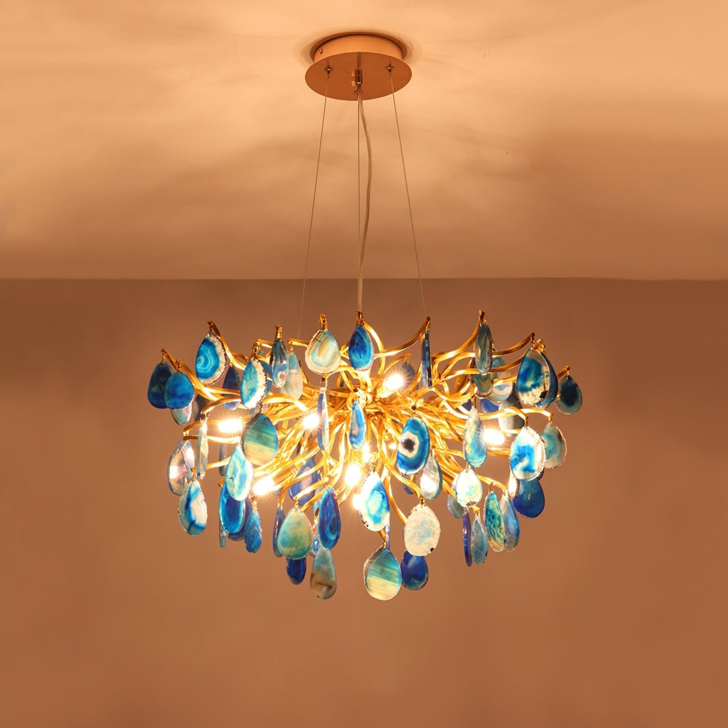 Natuursteen Agaat Kroonluchter met Vergulde Metalen Behuizing - Handgeslepen Schijven Warm Goudkleurige Afwerking 8 of 9 Lichtpunten Luxe Plafondverlichting Exclusief Statement-Piece