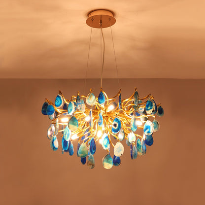 Natuursteen Agaat Kroonluchter met Vergulde Metalen Behuizing - Handgeslepen Schijven Warm Goudkleurige Afwerking 8 of 9 Lichtpunten Luxe Plafondverlichting Exclusief Statement-Piece