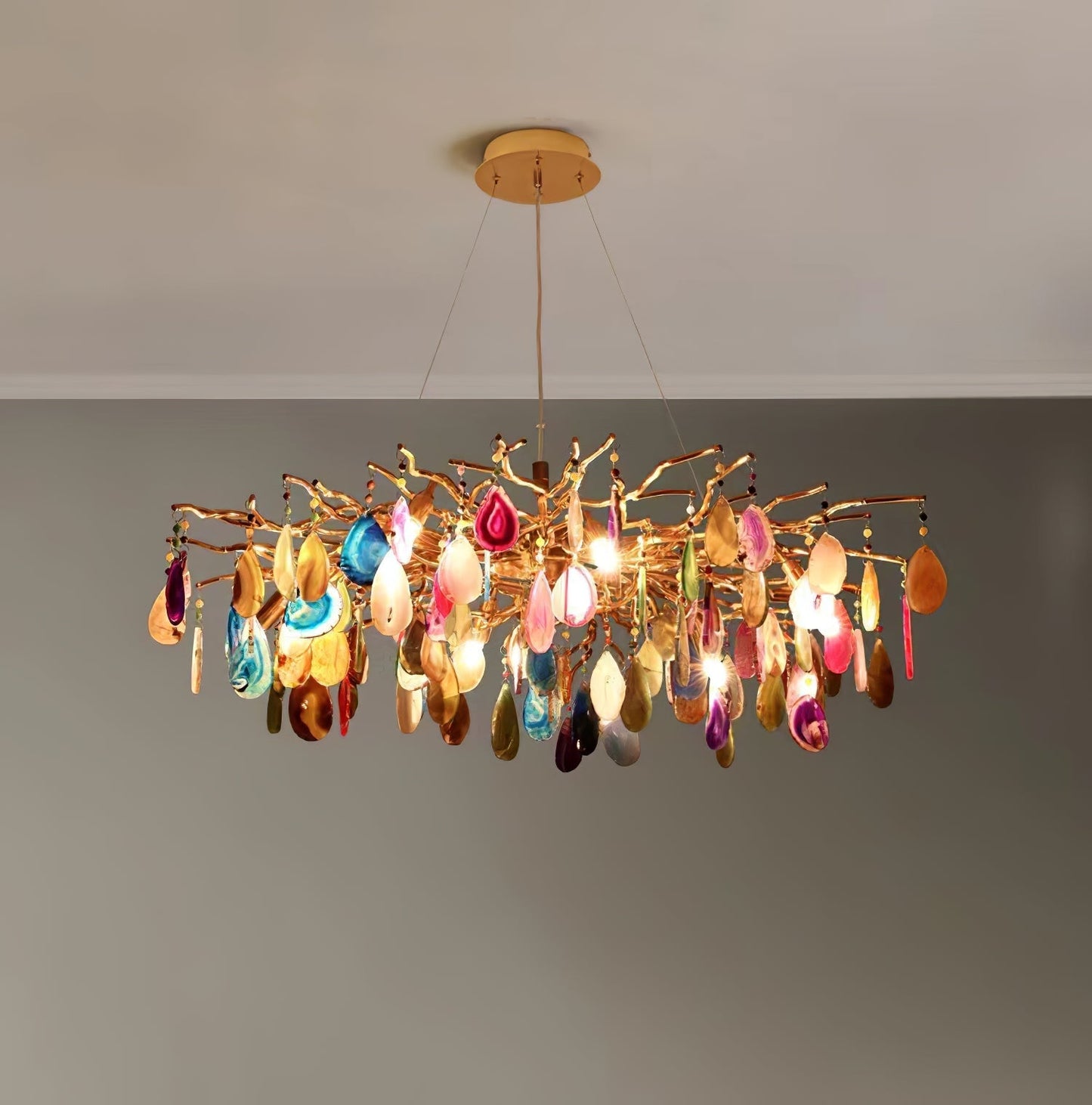Natuursteen Agaat Kroonluchter met Vergulde Metalen Behuizing - Handgeslepen Schijven Warm Goudkleurige Afwerking 8 of 9 Lichtpunten Luxe Plafondverlichting Exclusief Statement-Piece