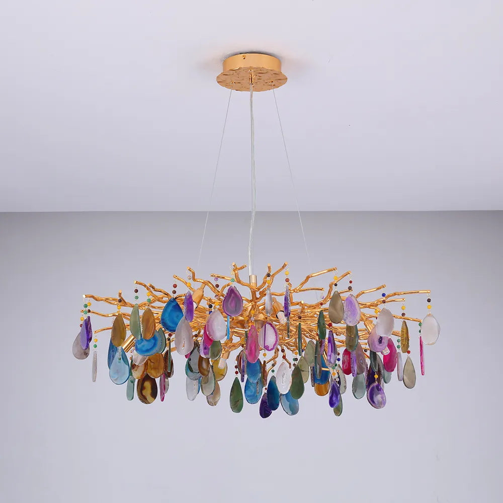 Natuursteen Agaat Kroonluchter met Vergulde Metalen Behuizing - Handgeslepen Schijven Warm Goudkleurige Afwerking 8 of 9 Lichtpunten Luxe Plafondverlichting Exclusief Statement-Piece