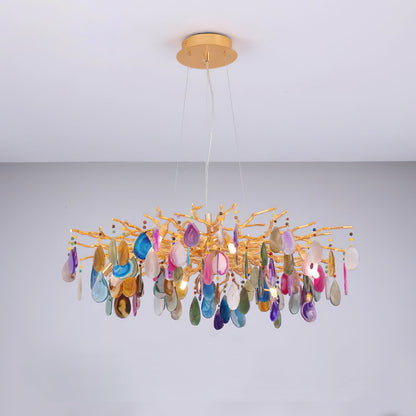 Natuursteen Agaat Kroonluchter met Vergulde Metalen Behuizing - Handgeslepen Schijven Warm Goudkleurige Afwerking 8 of 9 Lichtpunten Luxe Plafondverlichting Exclusief Statement-Piece