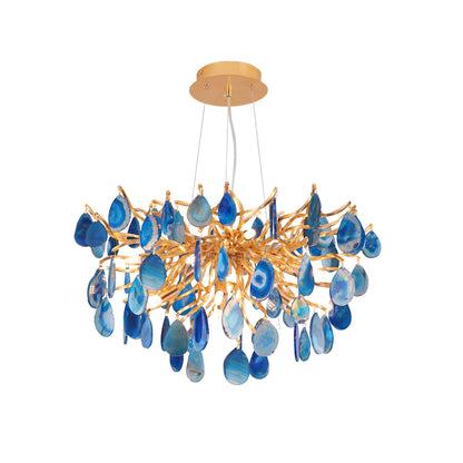 Natuursteen Agaat Kroonluchter met Vergulde Metalen Behuizing - Handgeslepen Schijven Warm Goudkleurige Afwerking 8 of 9 Lichtpunten Luxe Plafondverlichting Exclusief Statement-Piece