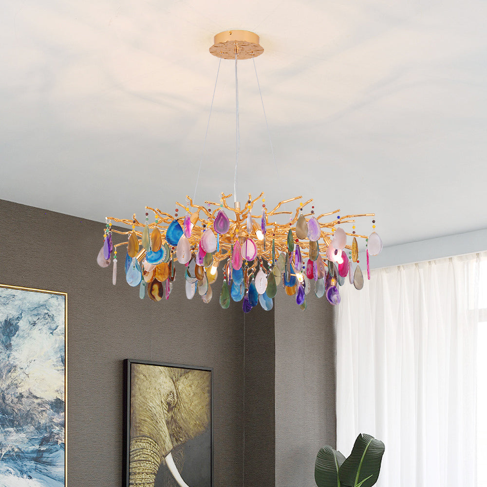 Natuursteen Agaat Kroonluchter met Vergulde Metalen Behuizing - Handgeslepen Schijven Warm Goudkleurige Afwerking 8 of 9 Lichtpunten Luxe Plafondverlichting Exclusief Statement-Piece