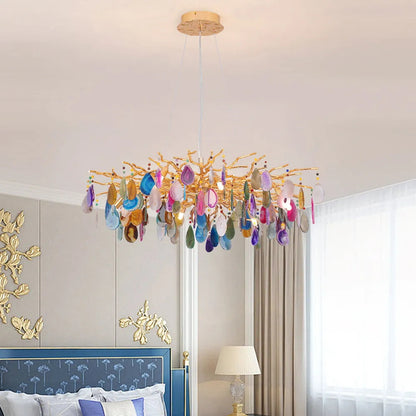 Natuursteen Agaat Kroonluchter met Vergulde Metalen Behuizing - Handgeslepen Schijven Warm Goudkleurige Afwerking 8 of 9 Lichtpunten Luxe Plafondverlichting Exclusief Statement-Piece