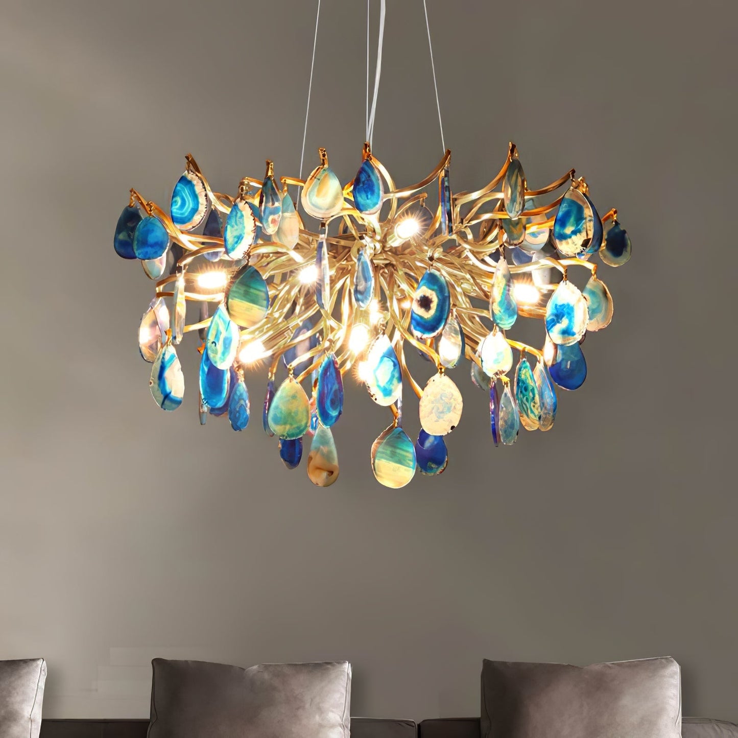 Natuursteen Agaat Kroonluchter met Vergulde Metalen Behuizing - Handgeslepen Schijven Warm Goudkleurige Afwerking 8 of 9 Lichtpunten Luxe Plafondverlichting Exclusief Statement-Piece