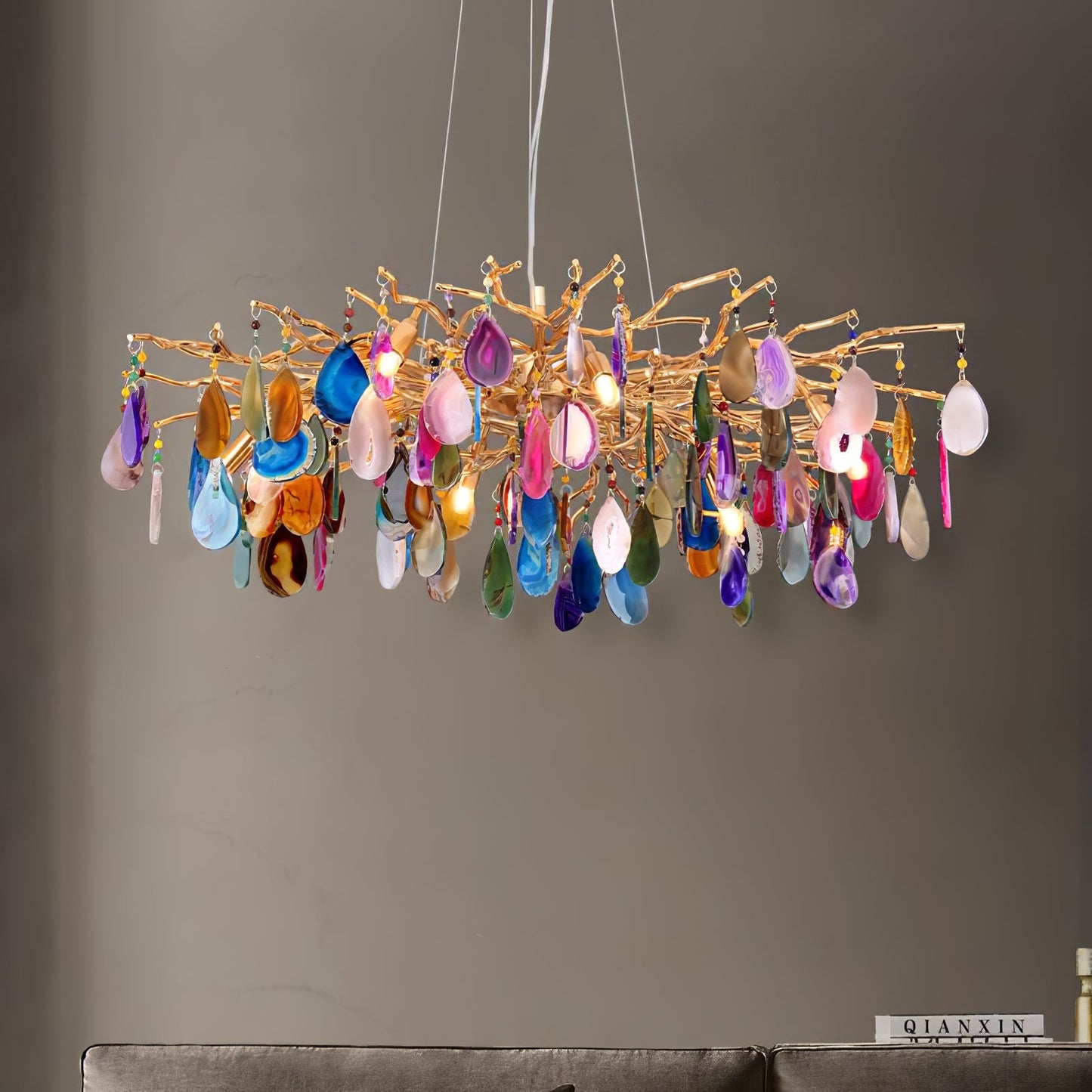 Natuursteen Agaat Kroonluchter met Vergulde Metalen Behuizing - Handgeslepen Schijven Warm Goudkleurige Afwerking 8 of 9 Lichtpunten Luxe Plafondverlichting Exclusief Statement-Piece