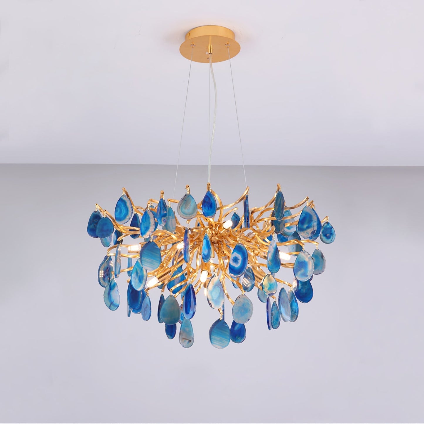 Natuursteen Agaat Kroonluchter met Vergulde Metalen Behuizing - Handgeslepen Schijven Warm Goudkleurige Afwerking 8 of 9 Lichtpunten Luxe Plafondverlichting Exclusief Statement-Piece